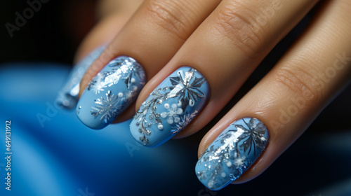 Serenely elegant, woman's nails adorned with intricate snowflake designs and icy blue accents on plain studio background. Captures wintry femininity and unique eye-catching beauty.