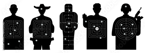 Human silhouettes for shooting range with bullets marks. Male bodies. Precision marking. Crosshair targets. People black shapes. Shooters competition score. Snipers goals vector set
