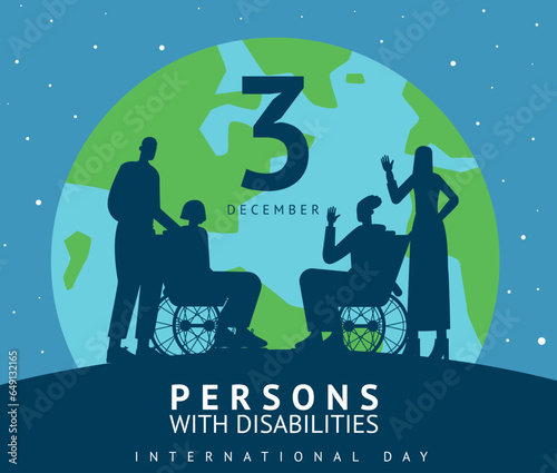 International Day card. Persons with medical disabilities poster. People silhouettes in wheelchairs on globe background. World accessibility for handicapped men and women. Vector concept