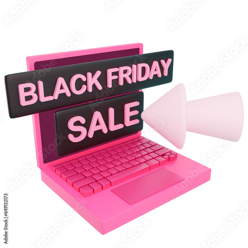 3d rendering Black Friday Sale online promotion icon. Big mouse cursor about to click on laptop screen.