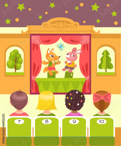 Kids puppets show. Spectators watch entertainment performance. Theater stage. Actors perform in front of children. Marionette dolls. Curtains and decorations. Splendid vector concept