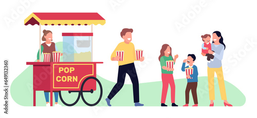 Large family. Cheerful parents with kids buy popcorn near street food cart in park. People walking in nature. Vendor at counter. Mother and father together with children. Vector concept