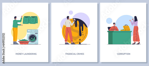 Money laundering scenes. Financial crime. People giving bribe or bribery of official. Man and woman breaking law. Counterfeit coin washing. Corruption and fraud. Vector posters set