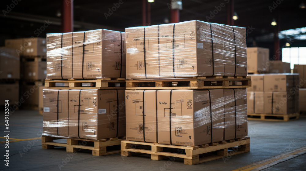 Stack of Package Boxes on Pallet in storage. Supply Chain Cardboard Boxes, Packaging Stoage. Cargo Shipment Logistics transport. Stack of Package Boxes on Pallet in storage. Supply Chain Cardboard Boxes, Packaging Stoage. Cargo Shipment Logistics transport.