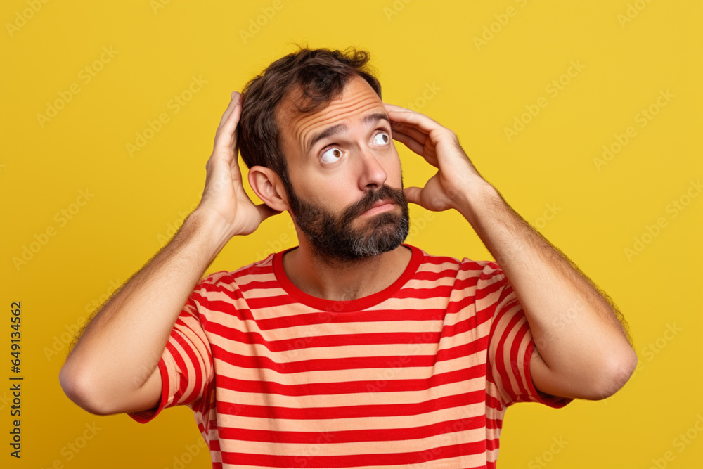 Confused uncertain man with beard in red striped t-shirt scratching his head, choosing, trying to make right decision, dilemma, Indoor studio shot isolated on yellow background Confused uncertain man with beard in red striped t-shirt scratching his head, choosing, trying to make right decision, dilemma, Indoor studio shot isolated on yellow background