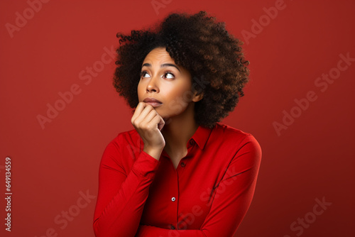 Confused, question and why black woman on studio red background, body language and facial gesture for risk decision, shrug and reaction, Uncertainty, unsure and frustrated model, doubt and confusion photo