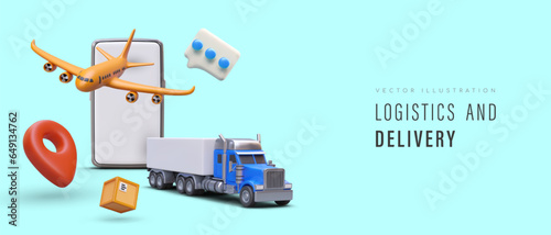 3d smartphone, truck and yellow airplane. Online delivery order concept. Logistic and delivery with different transport. Colorful vector illustration with blue background