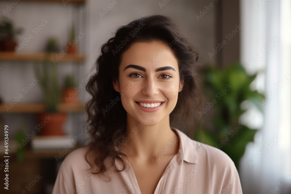 Confident happy beautiful Hispanic student girl indoor head shot portrait