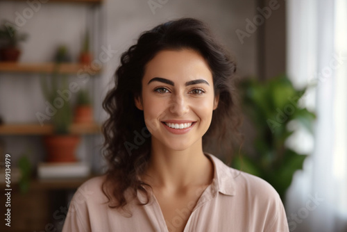 Confident happy beautiful Hispanic student girl indoor head shot portrait
