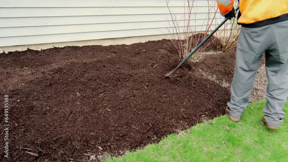 They are leveled with a rake mulch, mulching garden plants with tree
