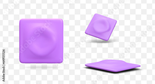 Condom in purple package. Contraceptive mockup. Protection against venereal diseases and pregnancy. Set of isolated vector images. Icons for sex shops, pharmacies. Illustrations for site, application