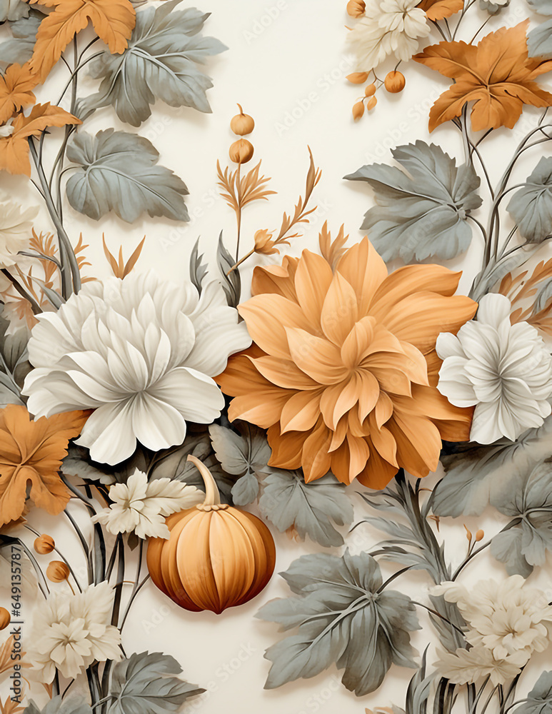 Fototapeta premium Vintage autumn Halloween background with flowers and pumpkins