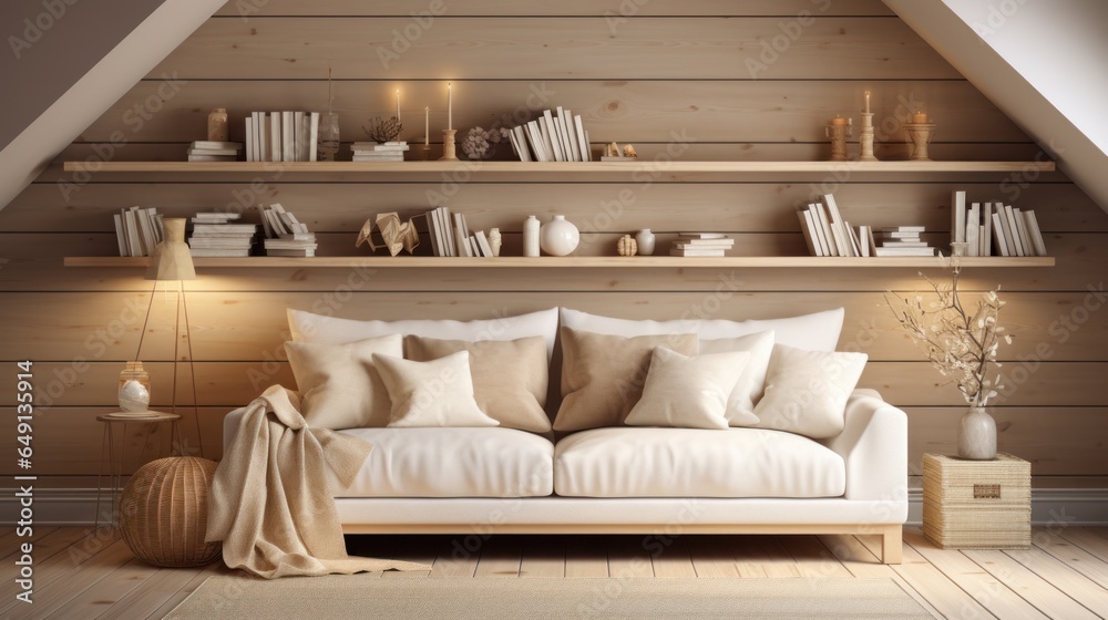 Cream-colored sofa with several pillows near a wood-paneled wall with shelves. Scandinavian interior design of a modern-style living room in the loft