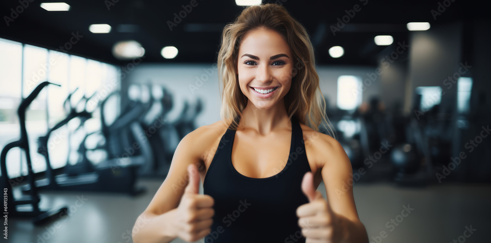Fototapeta premium Portrait of personal trainer showing thumb up at gym