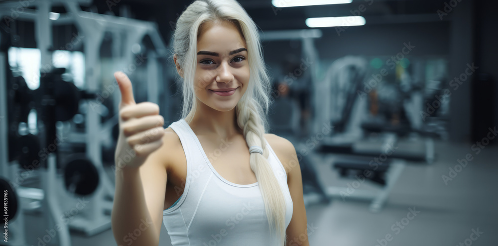 Fototapeta premium Smiling Woman, fitness and thumbs up to health, workout and training to live an active, wellness and healthy lifestyle with gym. Personal trainer