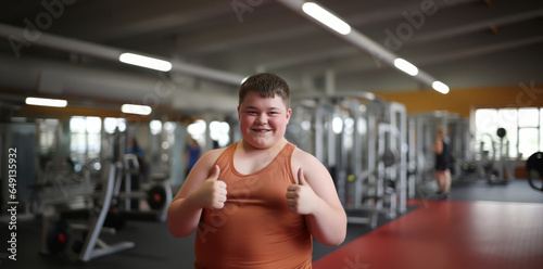 Handsome fat thick boy showing thumb up in sport gym weight loss and  concept