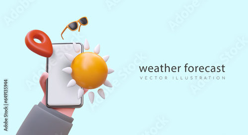 Weather forecast. Smartphone in user hand, sun, geotag, sunglasses. Advertising of telephone meteorological application. Vector color horizontal banner