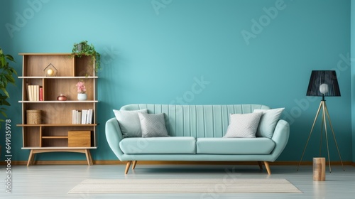 Turquoise sofa and wooden shelves near a turquoise wall. The interior design of the Scandinavian-style living room is modern and stylish. © sirisakboakaew
