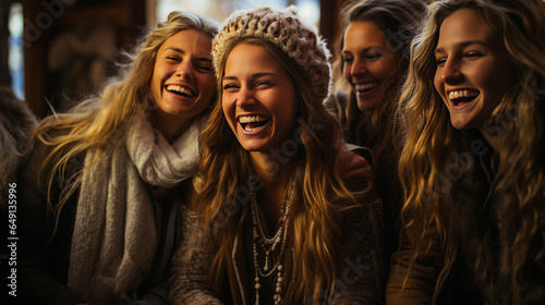 Joyful women friends bundled in cozy blankets, leisurely drinking hot cocoa by a fireplace with snow-capped mountain scenery in the window backdrop.