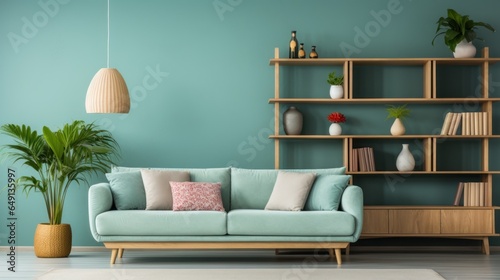 Turquoise sofa and wooden shelves near a turquoise wall. The interior design of the Scandinavian-style living room is modern and stylish.