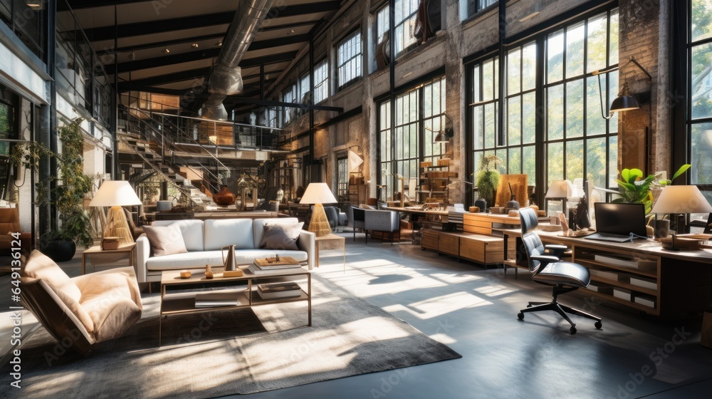 Luxurious workspace office decorated with industrial loft style, modern interior design.