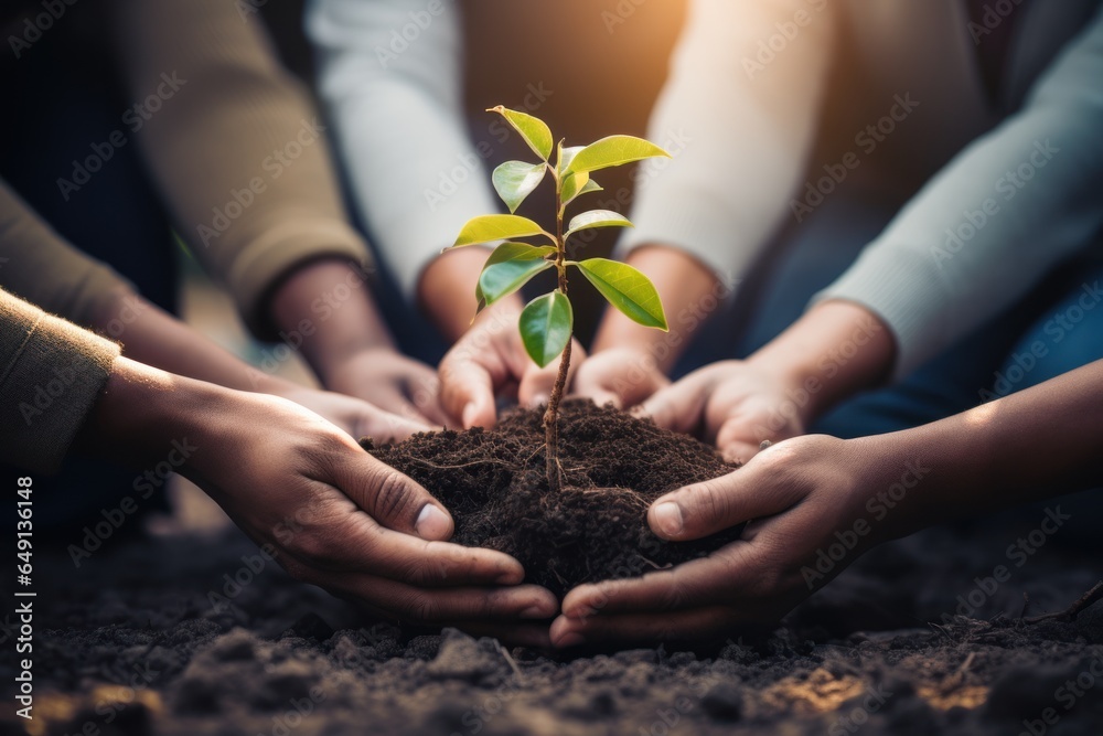 Plants, sustainability and the earth in the hands of business people for teamwork, support or environment Collaborating, growing, and investing in people and the soil for the future. - obrazy, fototapety, plakaty 