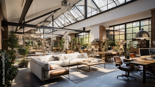 Luxurious workspace office decorated with industrial loft style  modern interior design.