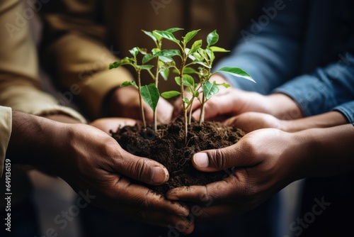 Plants, sustainability and the earth in the hands of business people for teamwork, support or environment Collaborating, growing, and investing in people and the soil for the future.