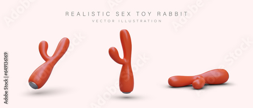 Realistic sex toy rabbit. Set of vibrators for stimulating vagina and clitoris. Device with vibration, toy for adults. Gadget on batteries. Set of vector illustrations. Icons on white background