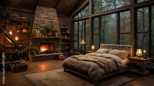 Photo of a rustic interior design of a modern bedroom Create a wide-angle lens for daylight white light. © sirisakboakaew