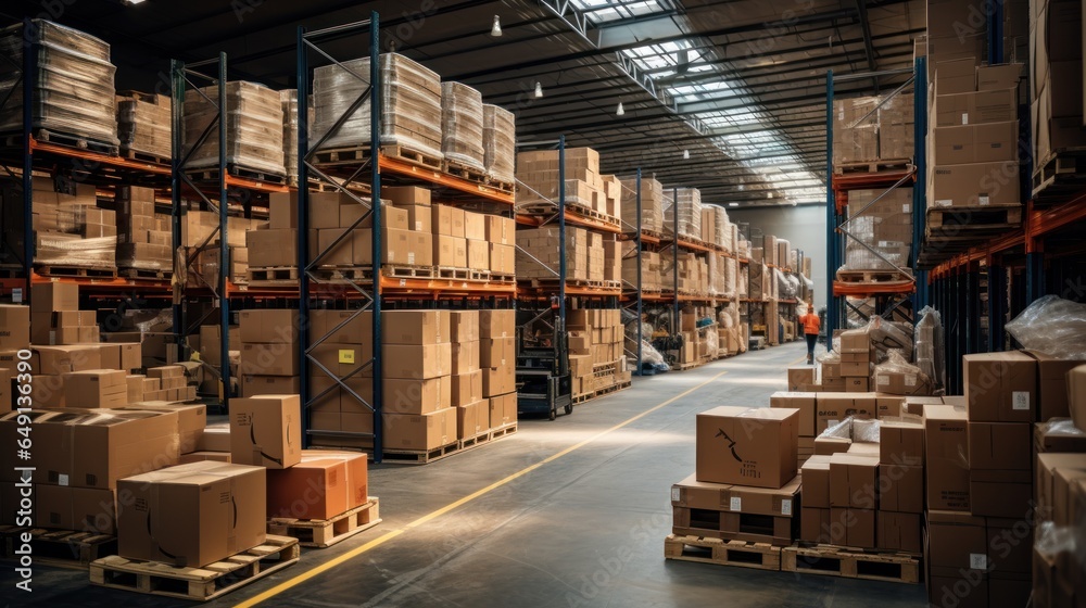A warehouse full of shelves with products in cardboard boxes and packages.