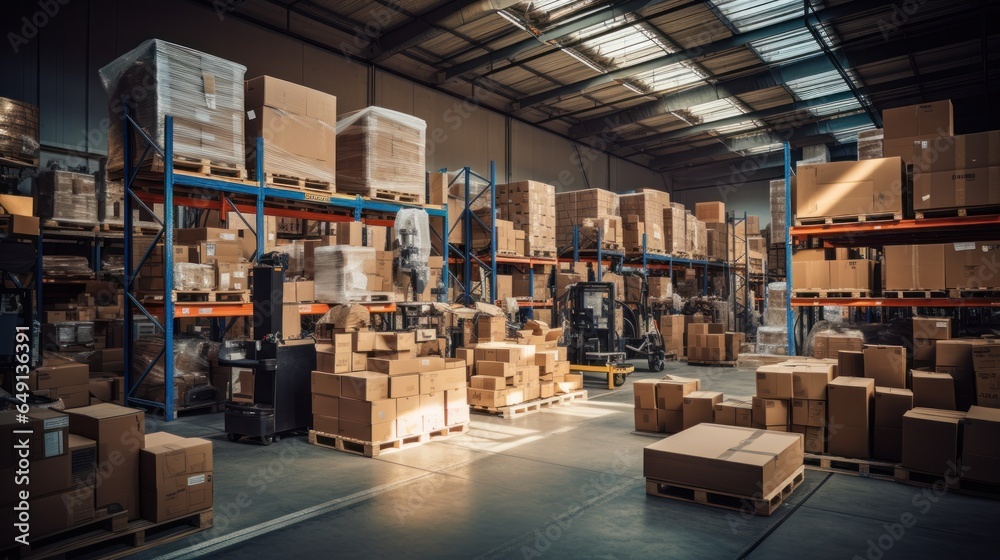 A warehouse full of shelves with products in cardboard boxes and packages.