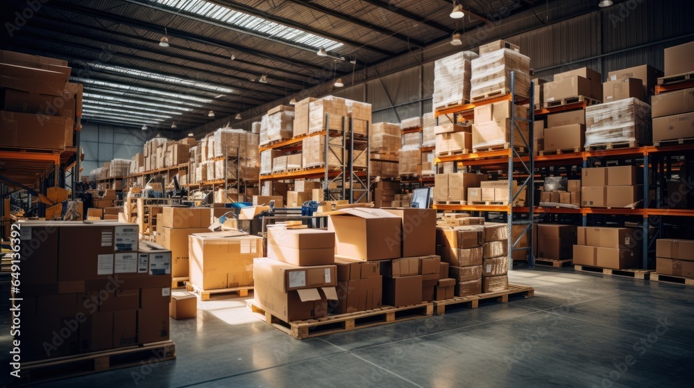 A warehouse full of shelves with products in cardboard boxes and packages. A warehouse full of shelves with products in cardboard boxes and packages.