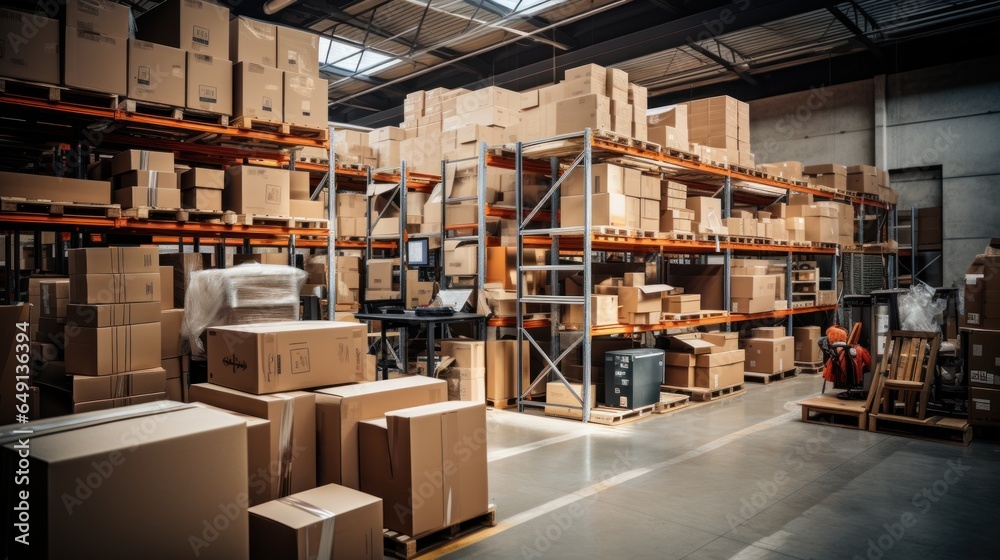 A warehouse full of shelves with products in cardboard boxes and packages. A warehouse full of shelves with products in cardboard boxes and packages.