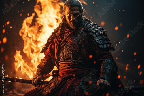 a samurai standing with a katana and wide angle lens  realistic fireworks.
