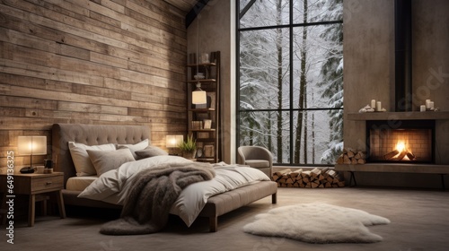 Photo of a rustic interior design of a modern bedroom Create a wide-angle lens for daylight white light. © sirisakboakaew