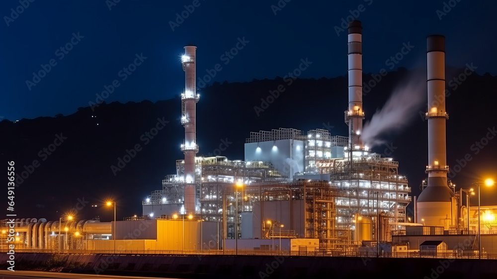 Gas fired power plant and factory building at night.