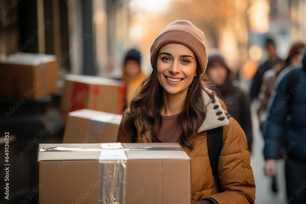 Service mind woman delivers a package box to a customer. Service mind woman delivers a package box to a customer.