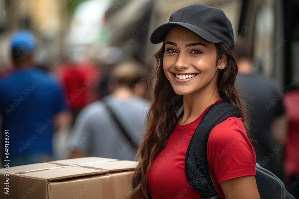 Service mind woman delivers a package box to a customer. Service mind woman delivers a package box to a customer.