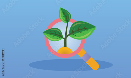 Magnifier icon with a plant.on blue background.Vector Design Illustration. © K