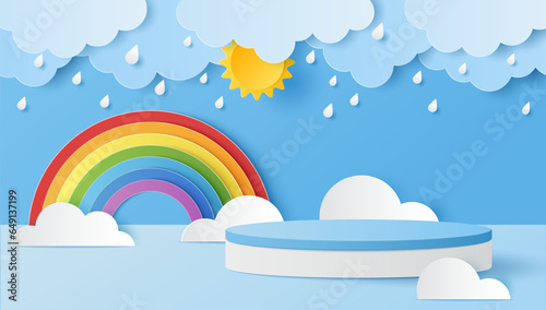 Paper cut of cylinder podium for products display presentation with sun, clouds, raindrops and rainbow. Vector illustration