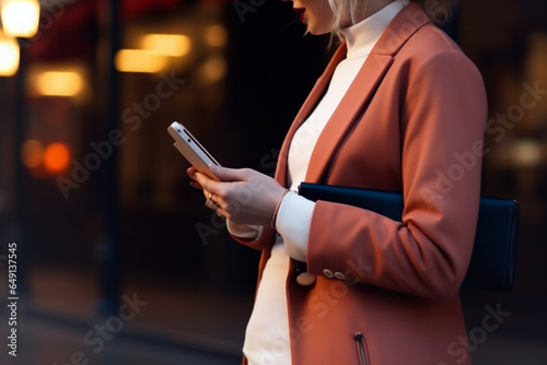 Close Up Shot Of Woman Hands Using A Mobile Phone And Holding Laptop Outdoors