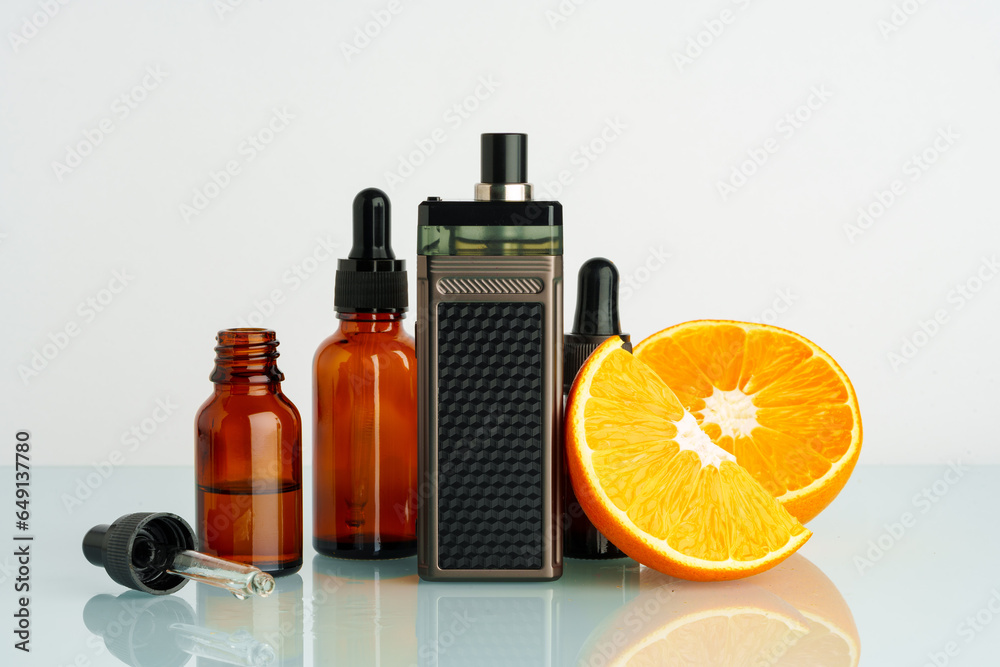 Vape liquid with orange flavor on white background