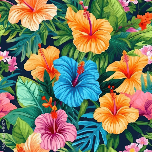 Hibiscus flowers and tropical foliage in vibrant seamless pattern  AI Generated