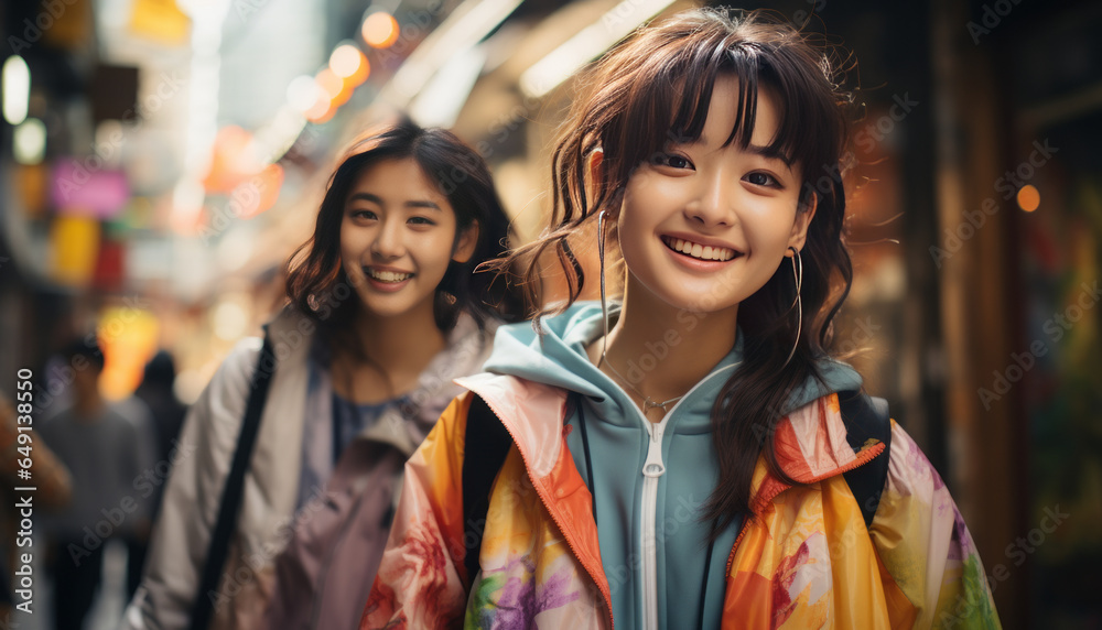 two japanese girls walking in shopping streets of tokyo enjoying the city.