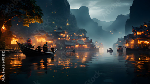 "Lantern Glow on Still Waters: A Serene Dusk Scene as a Lantern-Lit Boat Glides Gracefully Across a Peaceful Lake, Illuminating the Twilight with Tranquil Magic"