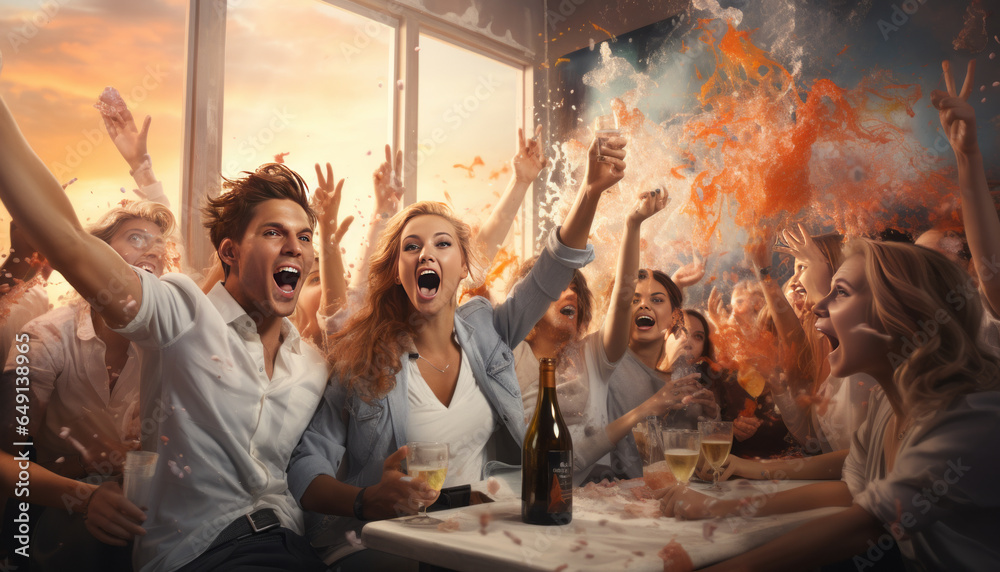 young people cheering with champagne in bright white room. young people cheering with champagne in bright white room.