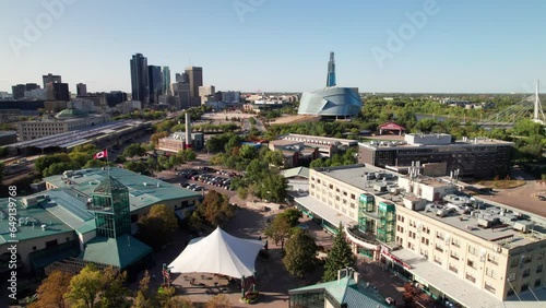 Panoramic aerial of The Forks and downtown Winnipeg with iconic buildings, 30p, 4K photo