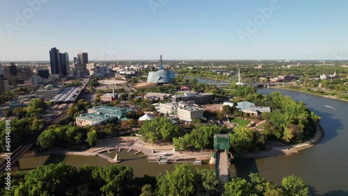 Long and high aerial pan of Winnipeg skyline, rich colors in late summer. 4K photo