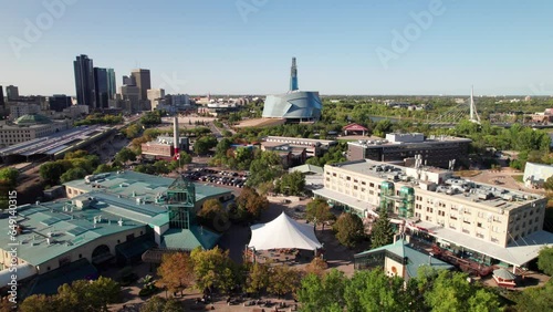 Pristine view of Winnipeg Manitoba with the Forks and Human Rights museum in foreground. 4K drone shot. photo